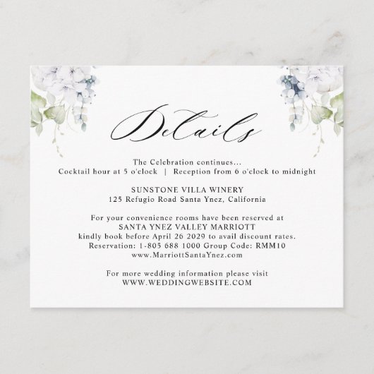 白エレガントと青のフローラの結婚詳細 エンクロージャーカード (正面)