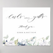 白エレガントと青のフローラカードとギフトサイン ポスター (正面)