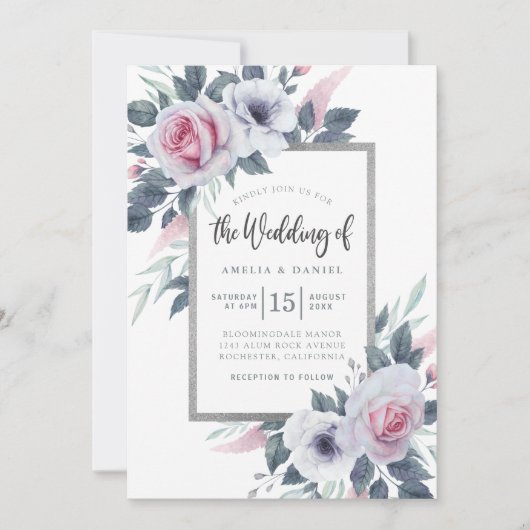 白エレガントと青のフローラ水の色結婚の 招待状 (正面)