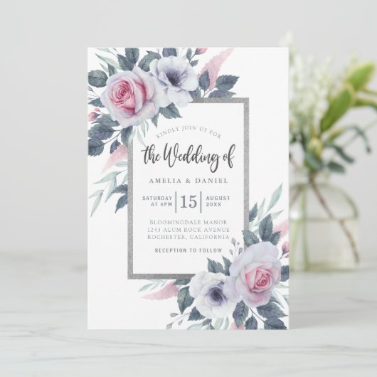 白エレガントと青のフローラ水の色結婚の 招待状 (スタンド正面)