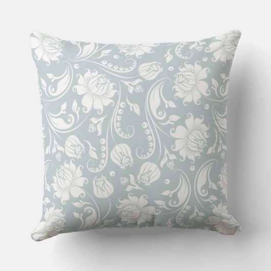 白エレガントと青の灰色のフローラダマスク クッション (裏面)