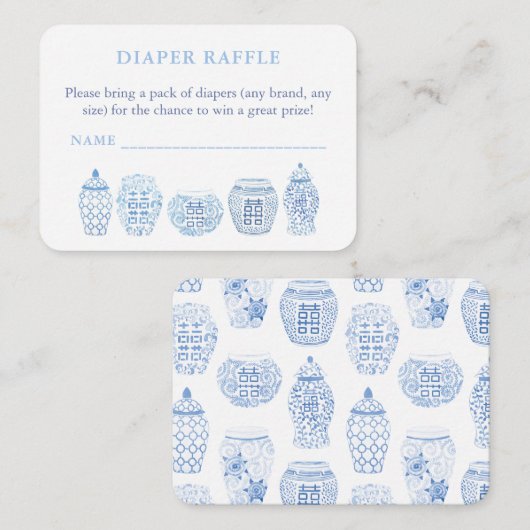 白エレガントと青の赤ちゃんシャワーおむつラッフル エンクロージャーカード (正面/裏面)