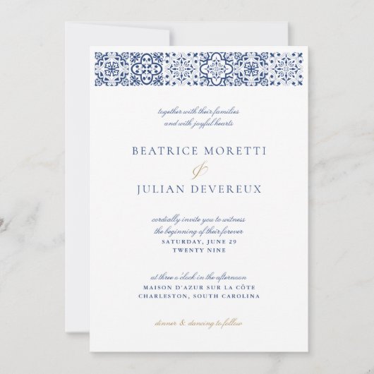 白エレガントと青地中海ののタ結婚イル 招待状 (正面)