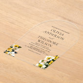 白エレガントと黄のフローラ結婚 アクリル招待状 (レイダウン)