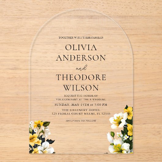 白エレガントと黄のフローラ結婚 アクリル招待状 (正面)