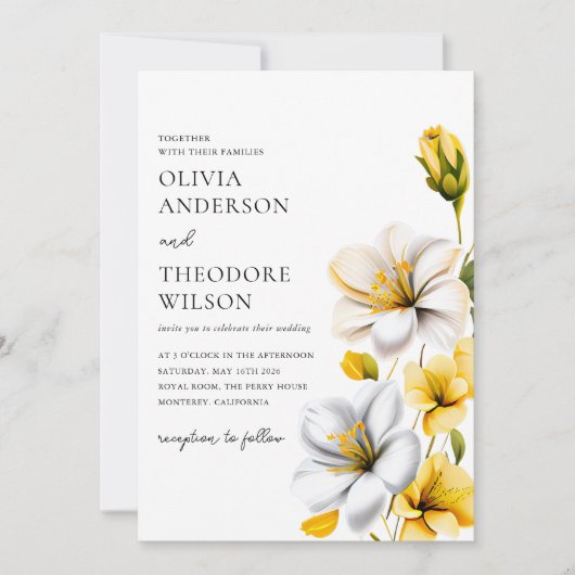 白エレガントと黄のフローラ結婚 招待状 (正面)