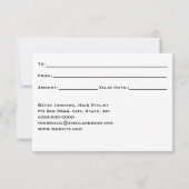 白エレガントと黒のギフト証明書カード 招待状 (裏面)