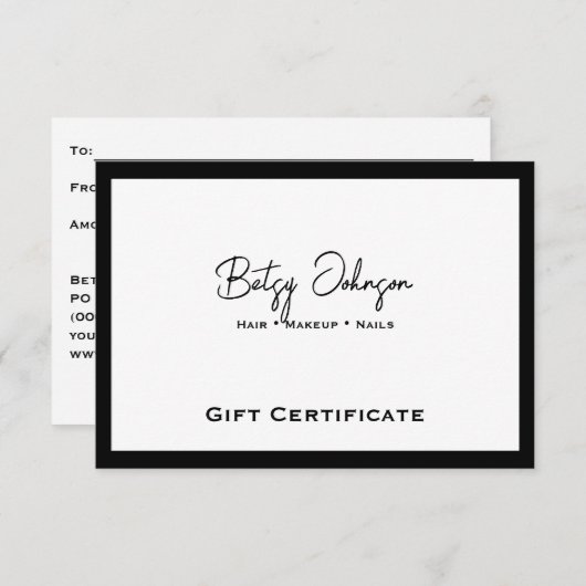白エレガントと黒のギフト証明書カード 招待状 (正面/裏面)
