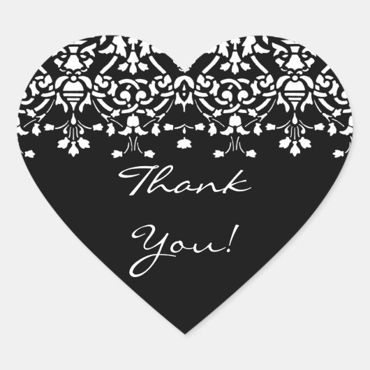 白エレガントと黒のダマスクありがとうステッカー ハートシール (正面)