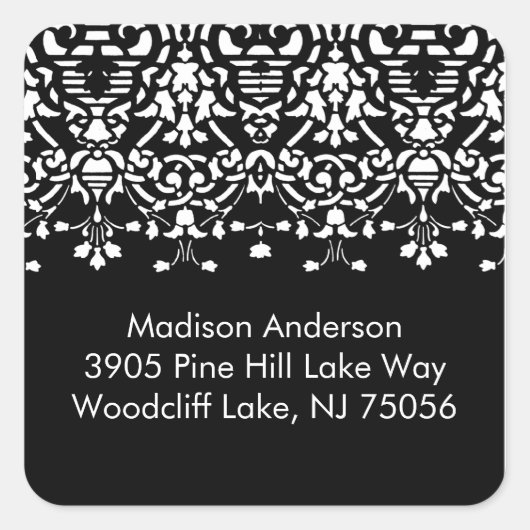 白エレガントと黒のダマスクアドレス正方形ステッキ スクエアシール (正面)