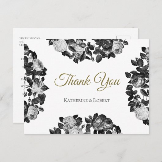 白エレガントと黒のバラ ポストカード (正面/裏面)