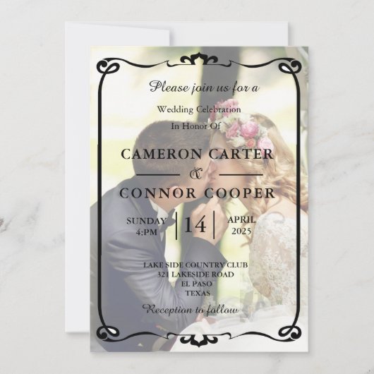 白エレガントと黒のフォト結婚式招待状 招待状 (正面)