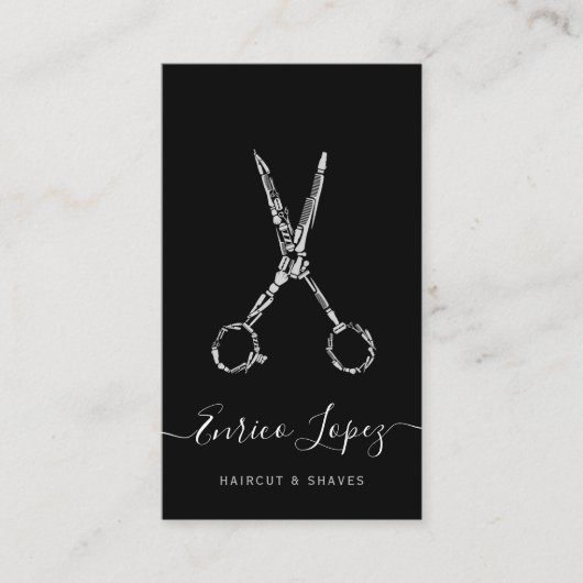 白エレガントと黒のヘアカットとシャーブの理容師 名刺 (正面)