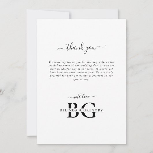 白エレガントと黒のモノグラムイニシャル結婚ズ サンキューカード (正面)
