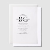 白エレガントと黒のモノグラムイニシャル結婚ズ ベラム紙招待状 (オフセット)