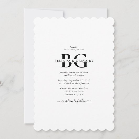 白エレガントと黒のモノグラムイニシャル結婚ズ 招待状 (正面)