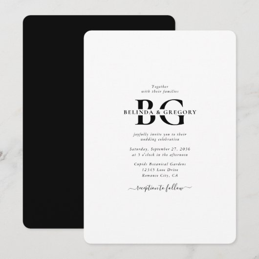 白エレガントと黒のモノグラムイニシャル結婚ズ 招待状 (正面/裏面)