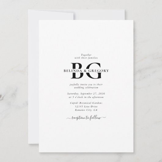 白エレガントと黒のモノグラムイニシャル結婚ズ 招待状 (正面)