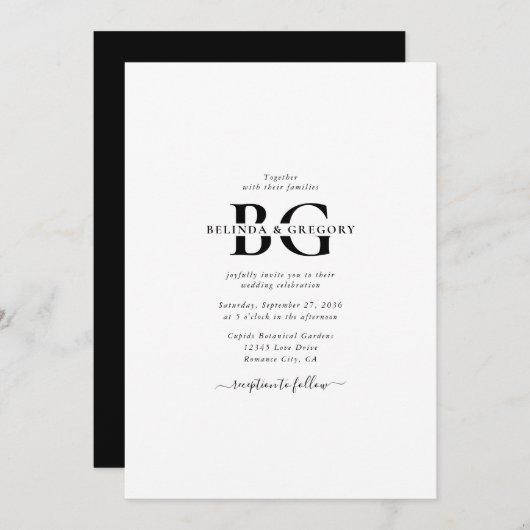 白エレガントと黒のモノグラムイニシャル結婚ズ 招待状 (正面/裏面)