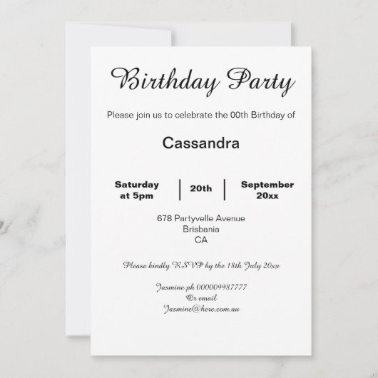 白エレガントと黒のレース誕生日パーティーブラック 招待状 (正面)