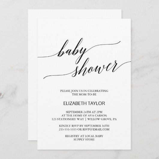 白エレガントと黒の書道の赤ちゃんシャワー 招待状 (正面/裏面)