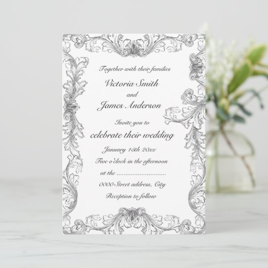 白エレガントと黒の枠結婚組み 招待状 (スタンド正面)