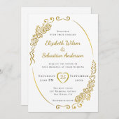 白エレガントと黒の輝く金ゴールド結婚の 招待状 (正面/裏面)