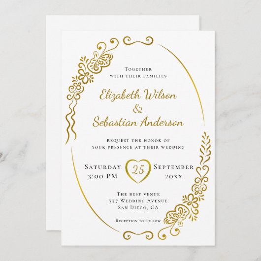 白エレガントと黒の輝く金ゴールド結婚の 招待状 (正面/裏面)