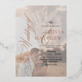 白エレガントと黒の金ゴールドモダン写真結婚 箔招待状 (正面)