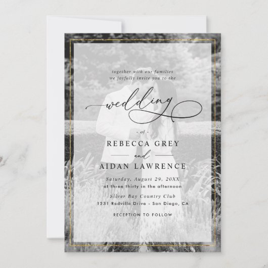 白エレガントと黒の金ゴールド縁ど写真結婚の 招待状 (正面)