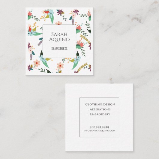 白エレガントに海綿花模様 スクエア名刺 (正面/裏面)