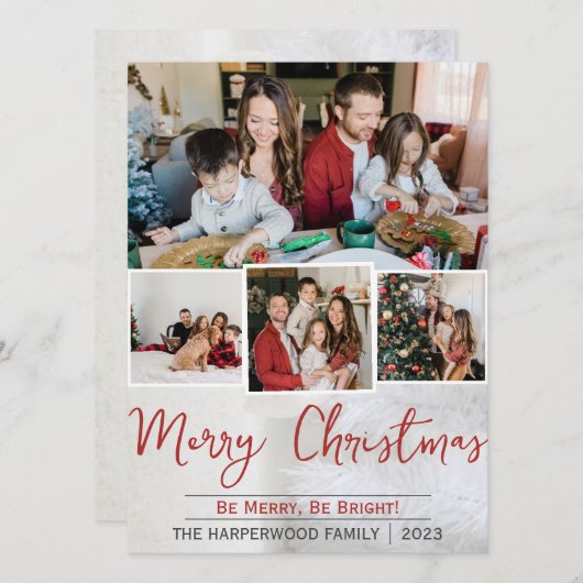 白エレガントのクリスマス家族の写真コラージュ シーズンカード (正面/裏面)