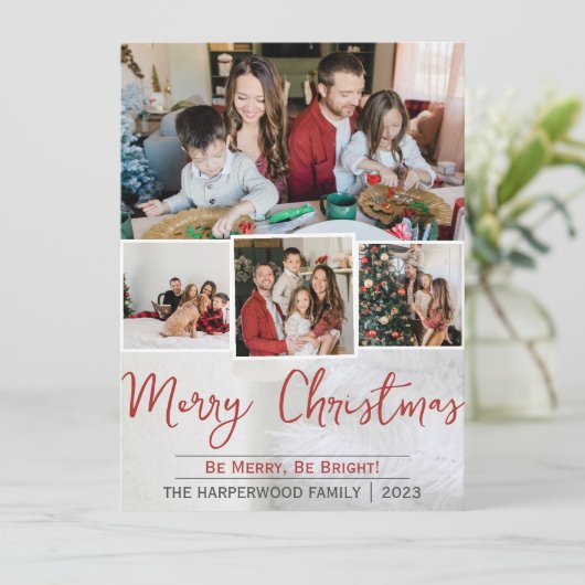 白エレガントのクリスマス家族の写真コラージュ シーズンカード (スタンド正面)