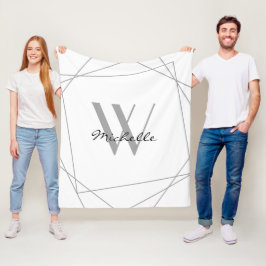 白エレガントのグレーのモノグラム名スクリプトジオメトリック フリースブランケット