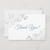 白エレガントのシルバーフリルティール(緑がかった色)スクリプ結婚ト サンキューカード (正面)