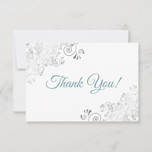 白エレガントのシルバーフリルティール（緑がかった色）スクリプ結婚ト サンキューカード (正面)