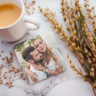 白エレガントのモノグラム写真結婚夫妻 スクエアペーパーコースター