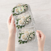 白エレガントの結婚レースとバラ オールインワン招待状 (貼ってはがせる)