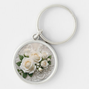 白エレガントの結婚レースとバラ キーホルダー
