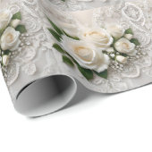 白エレガントの結婚レースとバラ ラッピングペーパー (ロールコーナー)