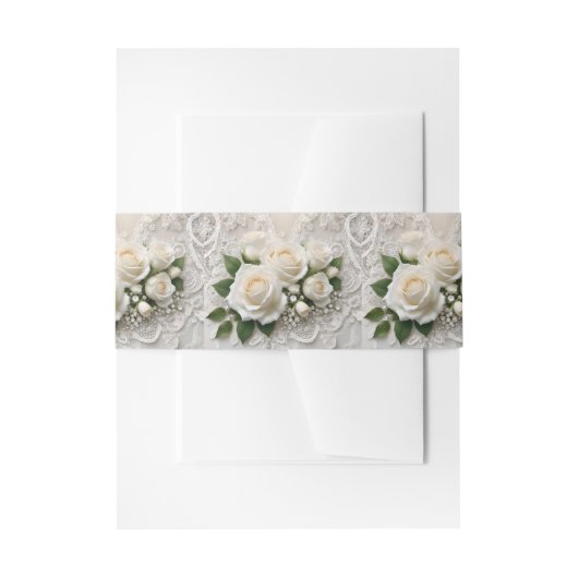 白エレガントの結婚レースとバラ 招待状ベリーバンド (正面例)