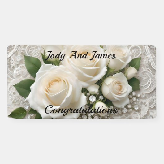 白エレガントの結婚レースとバラ 横断幕 (横)