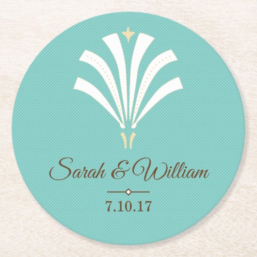 白エレガントアールデコパルメット |パーソナライズされた | ラウンドペーパーコースター (正面)