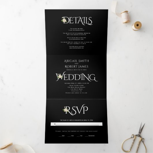 白エレガントイニシャルとアンパサンド、バラ結婚ズ 三つ折り招待状 (内部)