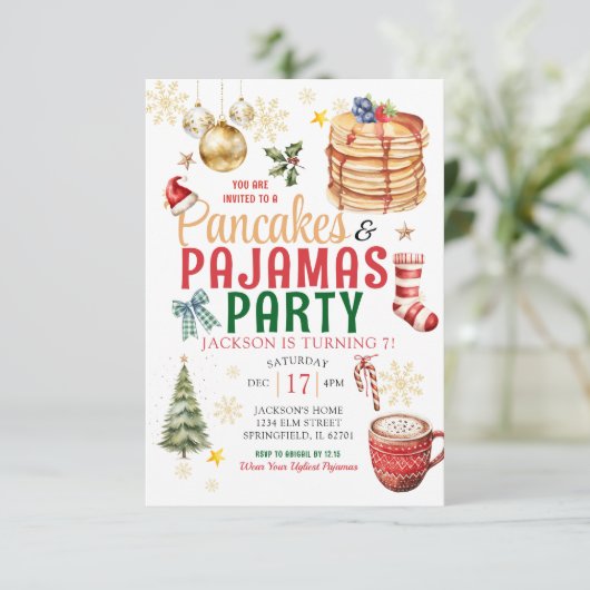 白エレガントクリスマスパンケーキパジャマ誕生日I 招待状 (スタンド正面)