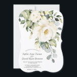 白エレガントクリーム水彩結婚花 招待状<br><div class="desc">水モダン色の白いクリームのバラの花束、ユーカリの葉を特徴とするデザインと白い背景に白いフローラのフレームの後ろ白いイニシャル、。一致するアイテムは私の白い花の開花コレクションで見つかった。</div>