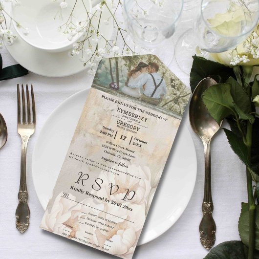 白エレガントクリーム牡丹フローラテクスチャ1枚の写真 オールインワン招待状