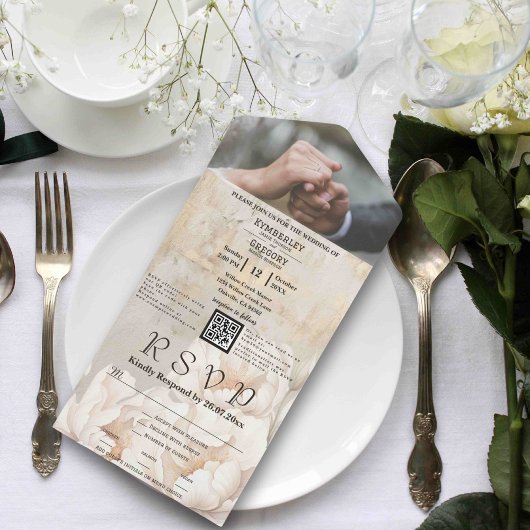 白エレガントクリーム牡丹フローラQRコード写真 オールインワン招待状