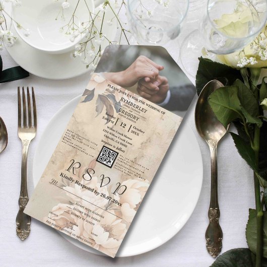 白エレガントクリーム牡丹フローラQRコード写真 オールインワン招待状