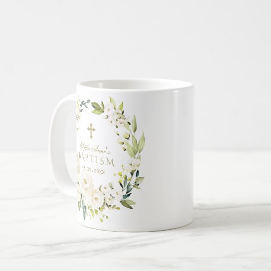 白エレガントクリーム花金ゴールドクロスバプテスマ コーヒーマグカップ (正面左)